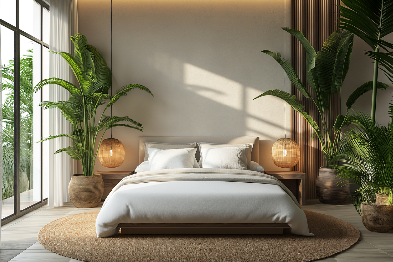 a bed with pillows and two plants in a room Money Plant Vastu Bedroom